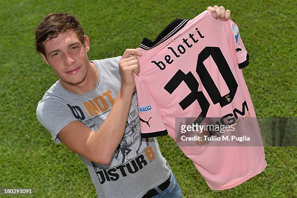 Andrea Belotti of Palermo poses with his new club shirt before his presentation as new player of US Citta di Palermo after a a Palermo training...