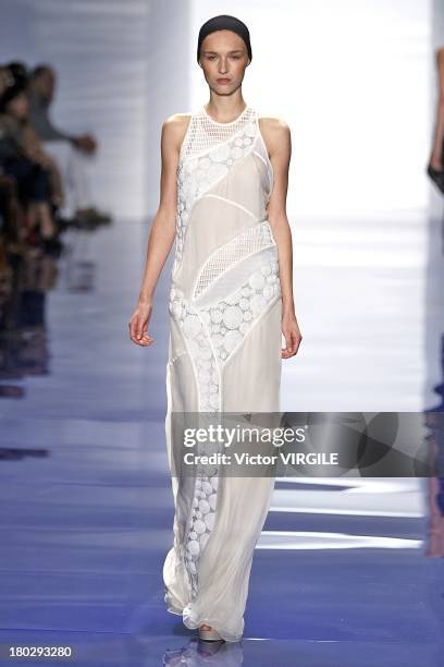 Model walks the runway at the Vera Wang Ready to Wear fashion show during Mercedes-Benz Fashion Week Spring Summer 2014 at The Stage at Lincoln...