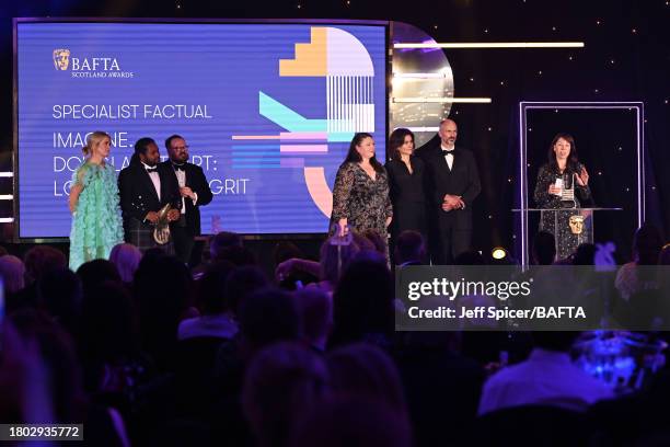 Linda Sands accepts the Specialist Factual Award for 'Imagine... Douglas Stuart: Love, Hope and Grit' at the 2023 BAFTA Scotland Awards, held at the...