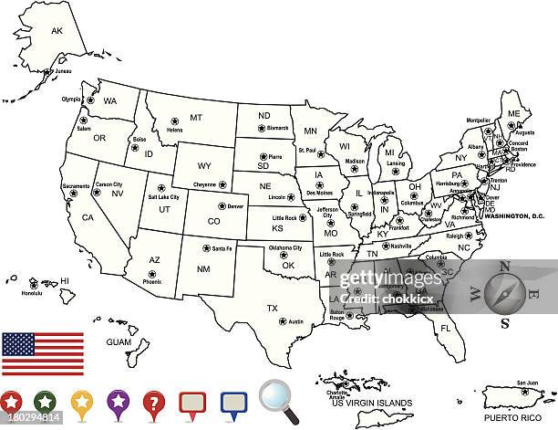 usa map outline with state capitals and its territories - mariana islands stock illustrations