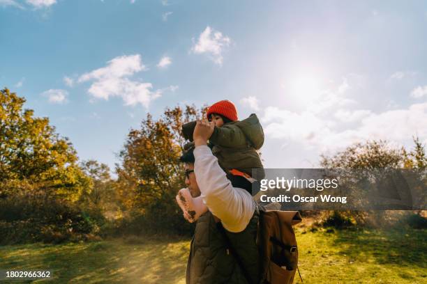 side view of father carrying toddler daughter on shoulders, walking in autumn woodland against the sky - nepal celebrates kuse aunsi or fathers day for departed souls stock pictures, royalty-free photos & images