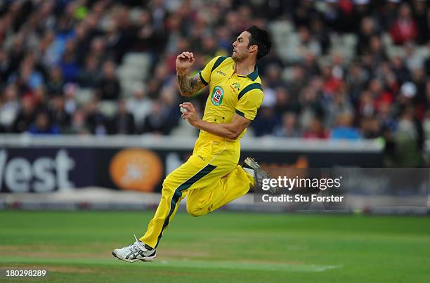 Australia bowler Mitchell Johnson in action during the 3rd Natwest Series One Day International between England and Australia at Edgbaston on...