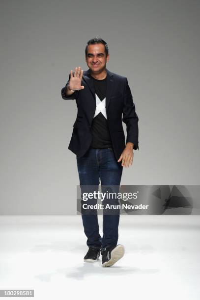 Designer Bibhu Mohapatra walks the runway at Bibhu Mohapatra fashion show during Mercedes-Benz Fashion Week Spring 2014 at The Studio at Lincoln...