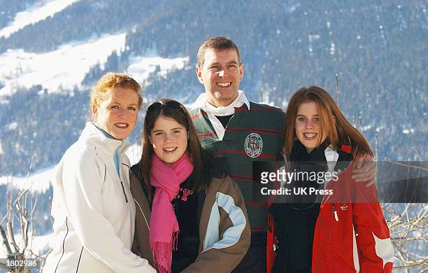 The Duchess of York, Princess Eugenie, the Duke of York and Princess Beatrice attend a photocall on February 18, 2003 in Verbier, Switzerland. Prince...