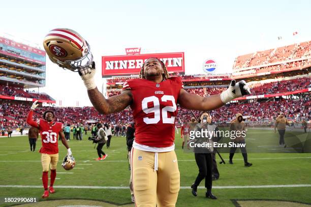 Chase Young of the San Francisco 49ers celebrates after beating the Tampa Bay Buccaneers 27-14 at Levi's Stadium on November 19, 2023 in Santa Clara,...