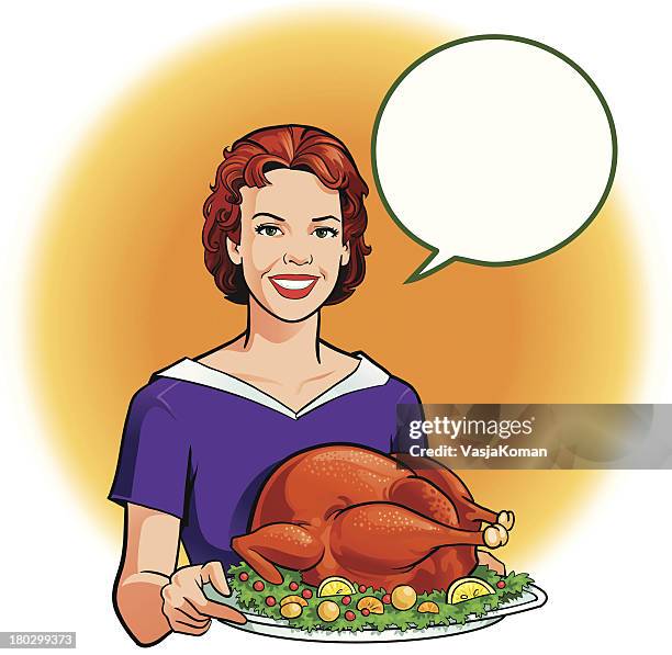 retro style woman holding roasted turkey dinner - roasted stock illustrations