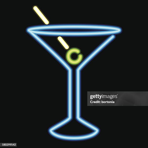 illustrazioni stock, clip art, cartoni animati e icone di tendenza di insegna al neon cocktail lounge icona - bicchiere da martini