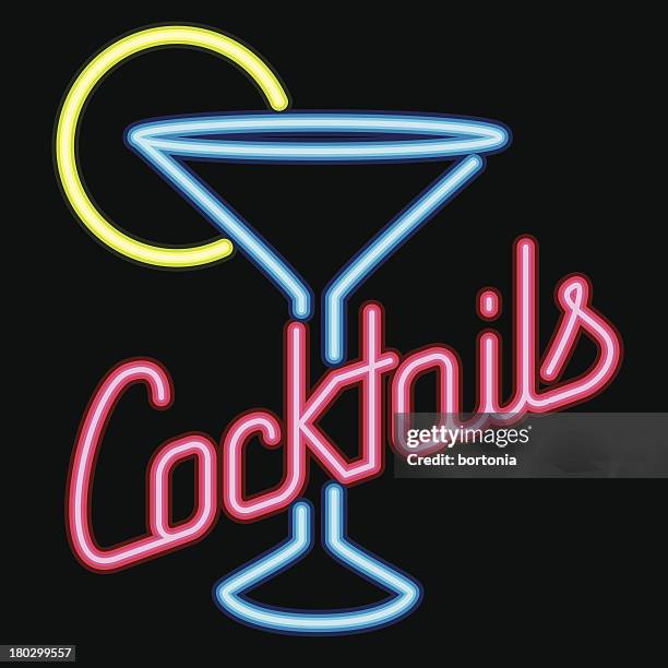 neon sign cocktail lounge icon - martini neon sign stock illustrations