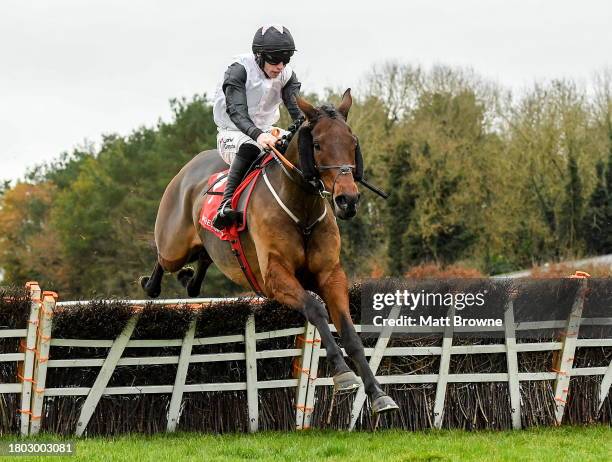 Kildare , Ireland - 26 November 2023; Shannon Royale, with Jack Kennedy up, jump the last on their way to winning the I.N.H. Stallion Owners EBF...