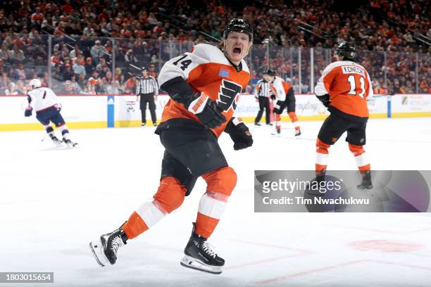 Owen Tippett of the Philadelphia Flyers reacts during the second period against the Columbus Blue Jackets at the Wells Fargo Center on November 19,...