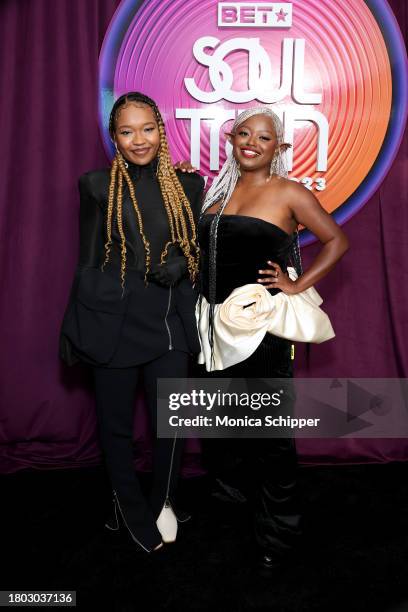 Bobbi Lanea Tyle and Folayan Omi Kunerede of Flyana Boss attend the 2023 BET Soul Train Awards on November 19, 2023 in Hollywood, California.