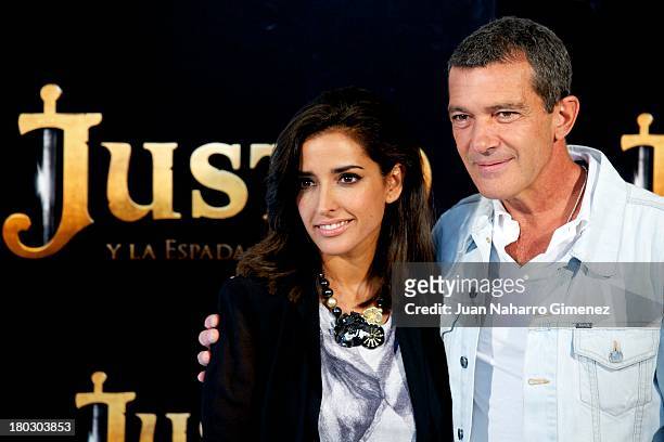 Inma Cuesta and Antonio Banderas attend 'Justin And The Knights Of Valour' photocall at Castle of Villaviciosa de Odon on September 11, 2013 in...