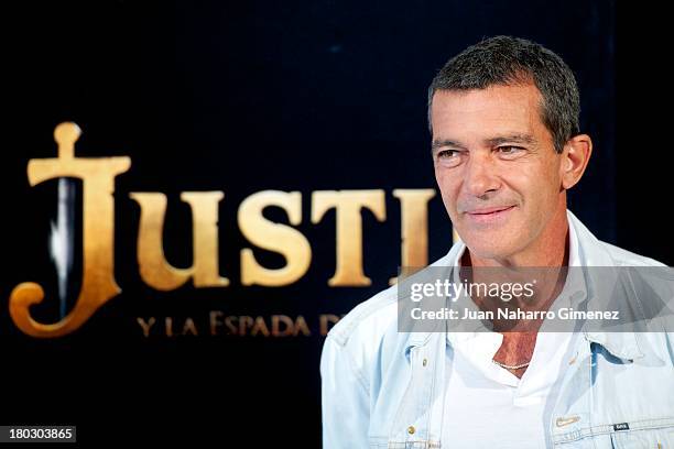 Antonio Banderas attends 'Justin And The Knights Of Valour' photocall at Castle of Villaviciosa de Odon on September 11, 2013 in Villaviciosa de...