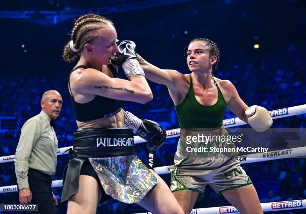 Dublin , Ireland - 25 November 2023; Skye Nicolson, right, and Lucy Wildheart during their Interim WBC featherweight world bout at the 3Arena in...