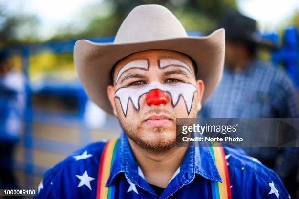 Rodeo clown Hugo Paz ¨El Chiflido¨ poses during the third competition date of the Sonora Rodeo circuit on November 19, 2023 in Moctezuma, Mexico.