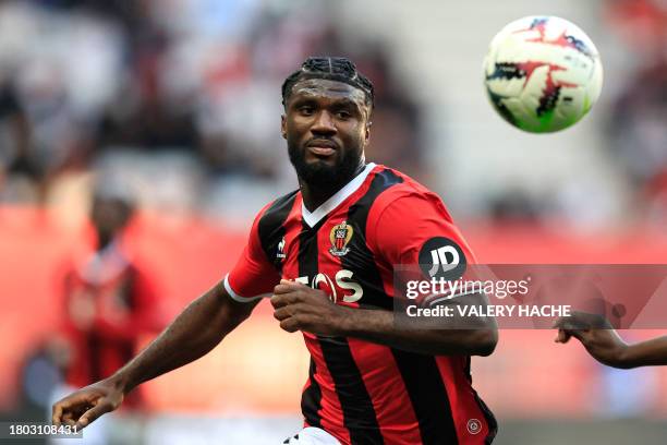 Nice's Nigerian forward Terem Moffi eyes the ball during the French L1 football match between OGC Nice and Toulouse FC at the Allianz Riviera Stadium...