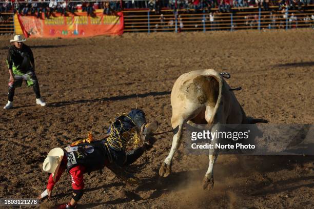 Bull rider Javier Ruiz competes in the bull riding event during the third competition date of the Sonora Rodeo circuit on November 19, 2023 in...