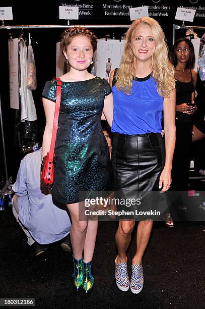 Actress Emma Kenney and designer Nanette Lepore pose backstage at the Nanette Lepore fashion show during Mercedes-Benz Fashion Week Spring 2014 at...