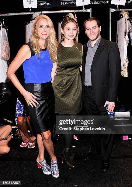 Nanette Lepore, Mai-Linh Lofgren and Michael Stuhlbarg pose backstage at the Nanette Lepore fashion show during Mercedes-Benz Fashion Week Spring...