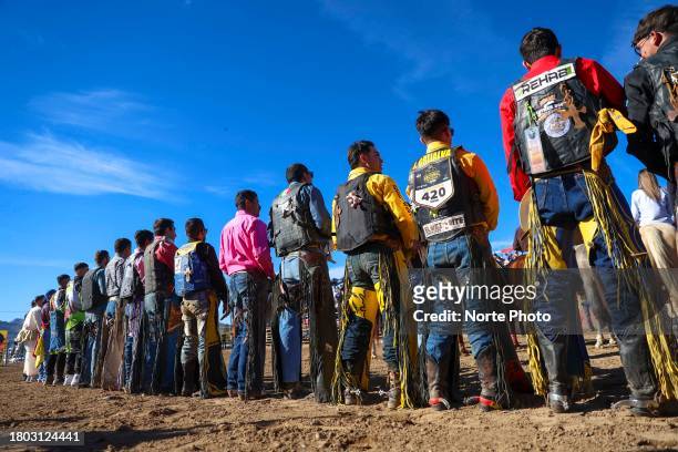 Competitors are seen during the ceremony opening during the third competition date of the Sonora Rodeo circuit on November 19, 2023 in Moctezuma,...