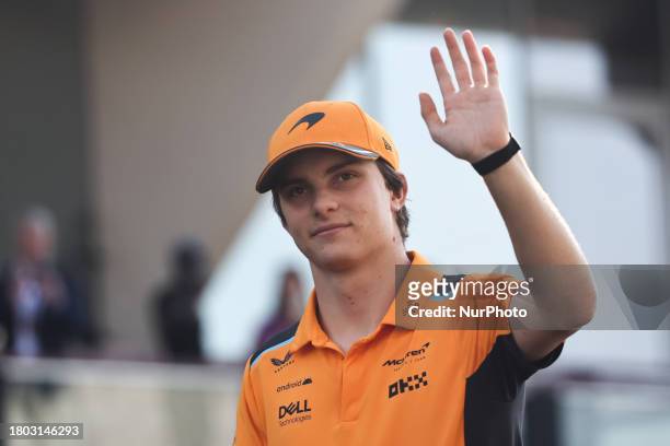 Oscar Piastri of McLaren at drivers parade ahead of the Formula 1 Abu Dhabi Grand Prix at Yas Marina Circuit in Abu Dhabi, United Arab Emirates on...
