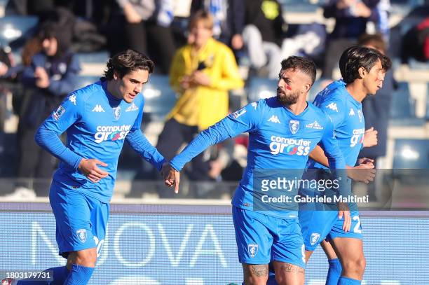 Francesco Caputo of Empoli FC and Matteo Cancellieri of Empoli FC celebrate after scoring a goal during the Serie A TIM match between Empoli FC and...