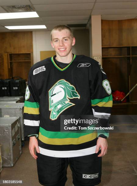 Patrick Kane of the London Knights poses for a photo during the first intermission of their game against the Kitchener Rangers in OHL game action at...