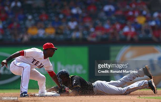 Felix Pie of the Pittsburgh Pirates steals second base against Jurickson Profar of the Texas Rangers at Rangers Ballpark in Arlington on September...