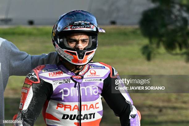 Ducati Spanish rider Jorge Martin leaves the race due to Honda Spanish rider Marc Marquez's fall during the MotoGP Valencia Grand Prix at the Ricardo...