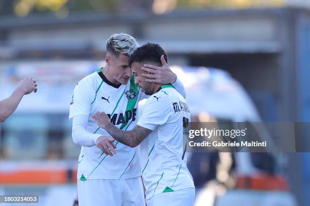 Matheus Henrique of US Sassuolo and Andrea Pinamonti of US Sassuolo celebrate after scoring a goal during the Serie A TIM match between Empoli FC and...