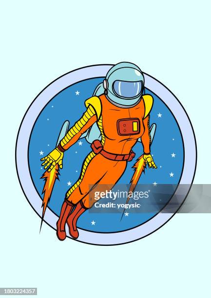 vector retro flying female astronaut logo stock illustration - space exploration logo stock illustrations