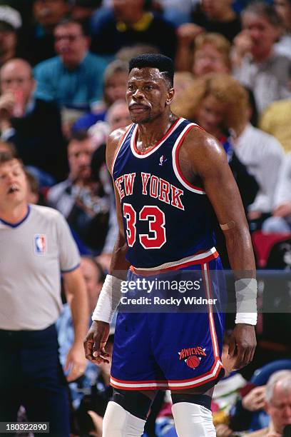 Patrick Ewing of the New York Knicks looks on against the Sacramento Kings on January 12, 1993 at the Arco Arena in Sacramento, California. NOTE TO...