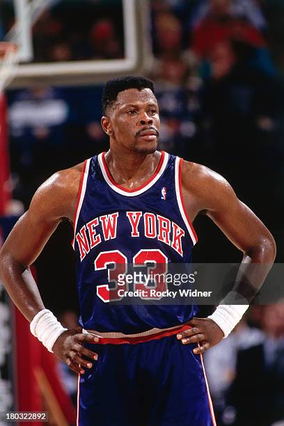 Patrick Ewing of the New York Knicks looks on against the Sacramento Kings on January 12, 1993 at the Arco Arena in Sacramento, California. NOTE TO...