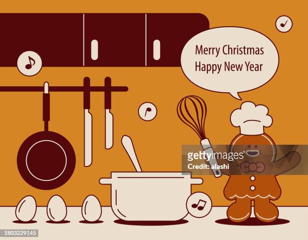a cute gingerbread woman with a whisk in her hand ready to mix the ingredients for a christmas cake wishes you a merry christmas and a happy new year - gingerbread house cartoon stock illustrations