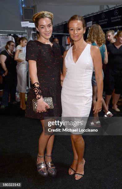 Chelsea Leyland and designer Michelle Smith prepare backstage at the Milly By Michelle Smith fashion show during Mercedes-Benz Fashion Week Spring...