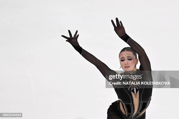 Russia's figure skater Kamila Valieva competes in the women's free skating event during the Russian Grand Prix of Figure Skating at the Megasport...