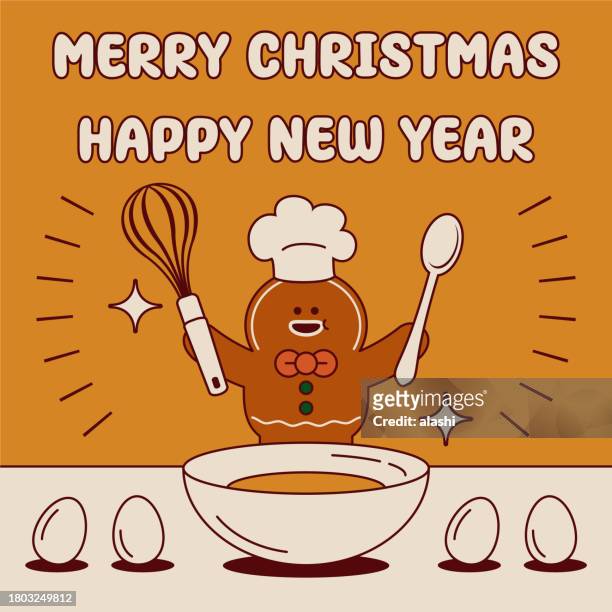 a cute gingerbread man with a whisk in his hand is mixing the ingredients for a christmas cake and wishing you a merry christmas and a happy new year - gingerbread house cartoon stock illustrations