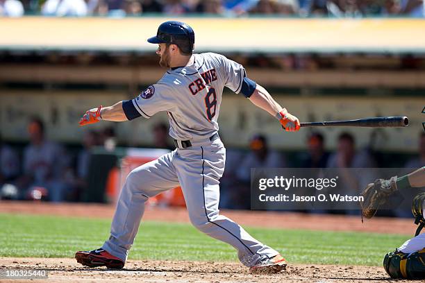 Trevor Crowe of the Houston Astros at bat against the Oakland Athletics during the third inning at O.co Coliseum on September 8, 2013 in Oakland,...