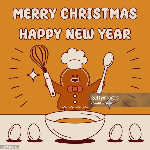 a cute gingerbread woman with a whisk in her hand is mixing the ingredients for a christmas cake and wishing you a merry christmas and a happy new year - gingerbread house cartoon stock illustrations