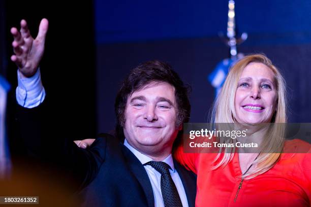 Newly elected President of Argentina Javier Milei of La Libertad Avanza celebrates with his sister Karina Milei after the polls closed in the...