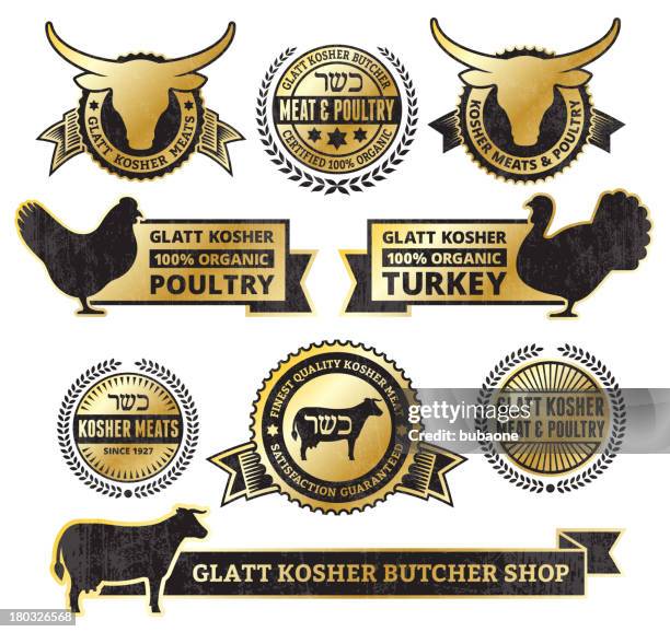 ilustraciones, imágenes clip art, dibujos animados e iconos de stock de carne orgánica y aves oro conjunto de iconos de vector grunge - carne de vaca