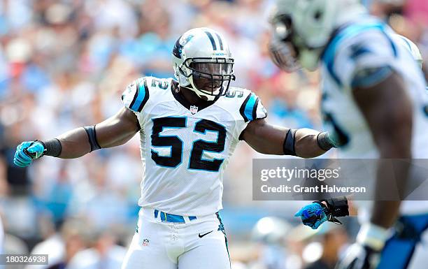 Jon Beason of the Carolina Panthers against the Seattle Seahawks during play at Bank of America Stadium on September 8, 2013 in Charlotte, North...