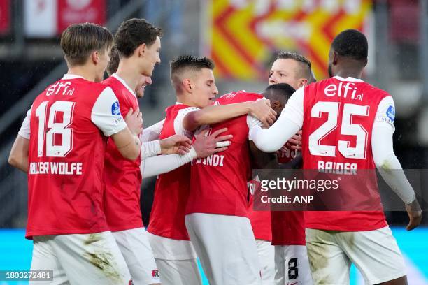 Bruno Martins Indi of AZ Alkmaar celebrates the 3-0 during the Dutch Eredivisie match between AZ Alkmaar and FC Volendam at the AFAS stadium on...