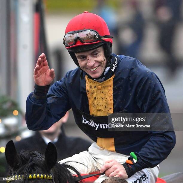 Kildare , Ireland - 26 November 2023; JJ Slevin on Fastorslow celebrates winning the John Durkan Memorial Punchestown Steeplechase on day two of the...