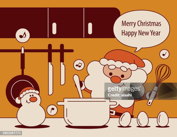 cute santa claus with a whisk and a spoon in his hand is mixing the ingredients for a christmas cake and wishing you a merry christmas and a happy new year - gingerbread house cartoon stock illustrations
