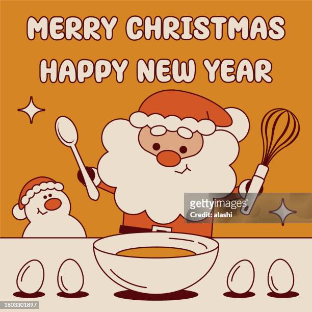 cute santa claus with a whisk and a spoon in his hand is mixing the ingredients for a christmas cake and wishing you a merry christmas and a happy new year - gingerbread house cartoon stock illustrations