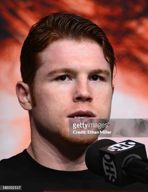 Boxer Canelo Alvarez speaks during the final news conference for his fight with Floyd Mayweather Jr. At the MGM Grand Hotel/Casino on September 11,...