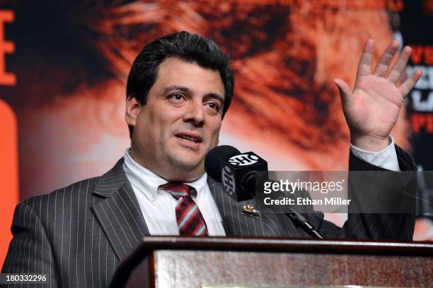 Executive Director Mauricio Sulaiman speaks during the final news conference for the bout between Floyd Mayweather Jr. And Canelo Alvarez at the MGM...