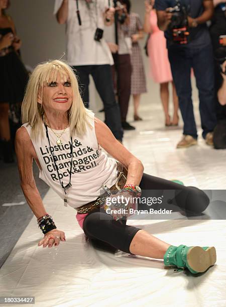 Designer Betsey Johnson on the runway at the Betsey Johnson fashion show during Mercedes-Benz Fashion Week Spring 2014 at Lincoln Center for the...