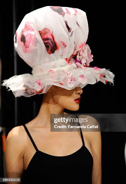 Model poses at the Anya Caliendo fashion presentation during Mercedes-Benz Fashion Week Spring 2014 at The Box at Lincoln Center on September 11,...